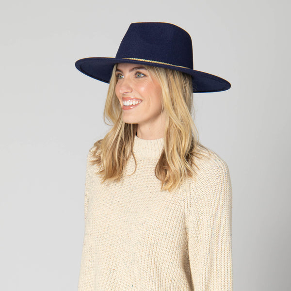 San Diego Hat Company Women's Fedora With Chevron Gold Chain Trim Navy