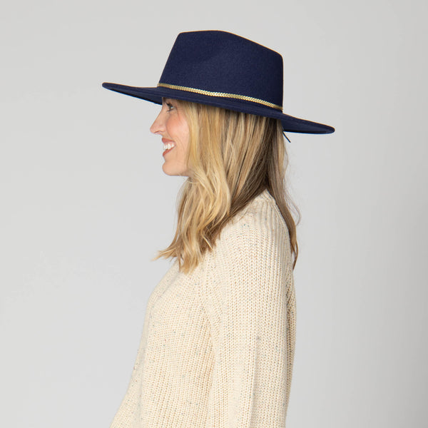 San Diego Hat Company Women's Fedora With Chevron Gold Chain Trim Navy