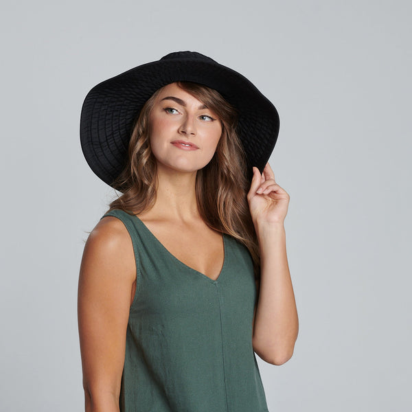 San Diego Hat Company Women's Large Brim Ribbon Hat With A Bow Black
