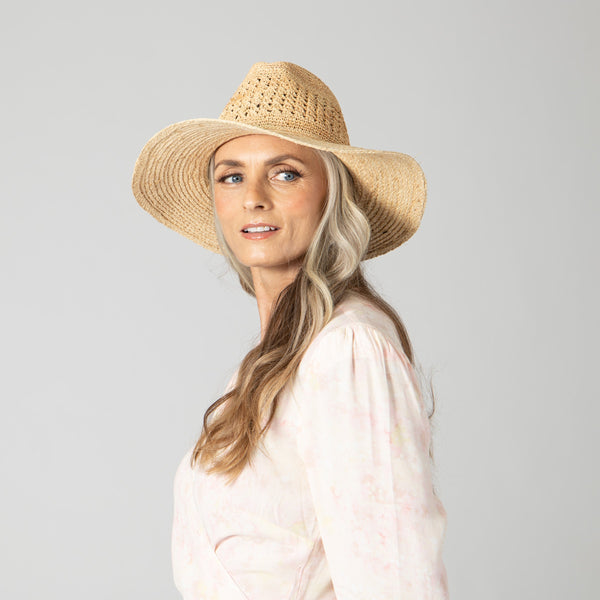 San Diego Hat Company Women's Mixed Raffia Fedora W/ Hand Crochet Crown & Raffia Braid Brim Natural