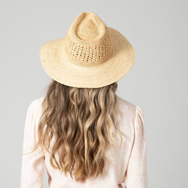 San Diego Hat Company Women's Mixed Raffia Fedora W/ Hand Crochet Crown & Raffia Braid Brim Natural