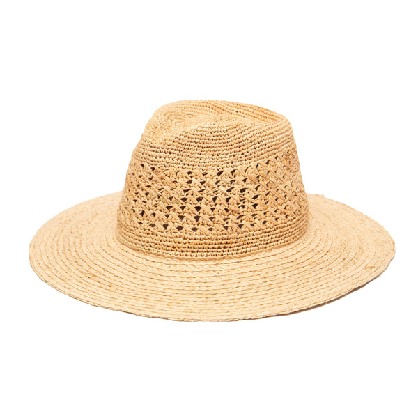 san diego hat company Women's Mixed Raffia Fedora w/ Hand Crochet Crown & Raffia Braid Brim Natural