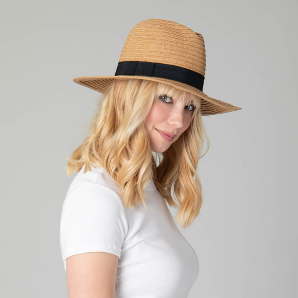 San Diego Hat Company Women's Paper Braided Fedora With A Bow Band Tobacco