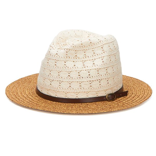 san diego hat company Women's Paperbraid Fedora With Cotton Lace Crown And Faux Leather Belt Band (PBF6164) Natural
