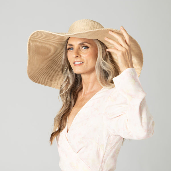 San Diego Hat Company Women's Wide Brim Ribbon Floppy Hat With Ticking Fabric Black