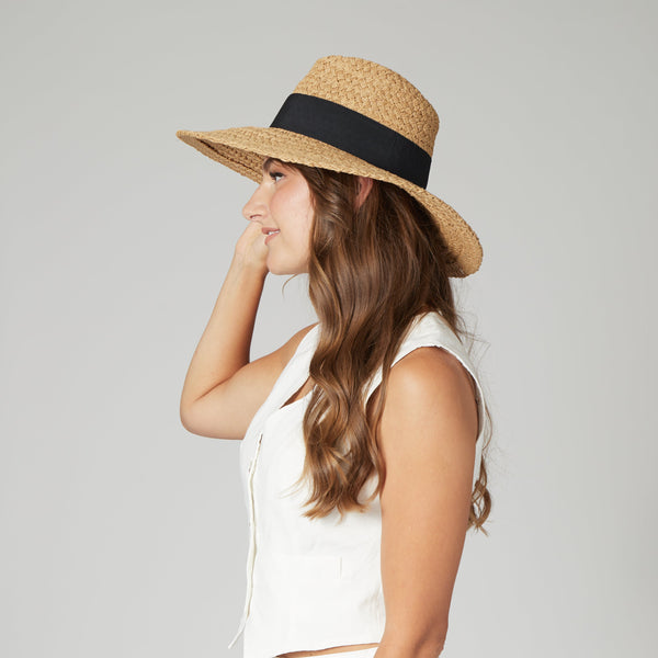 San Diego Hat Company Women's Woven Paper Wide Brim Fedora With Grosgrain Tobacco