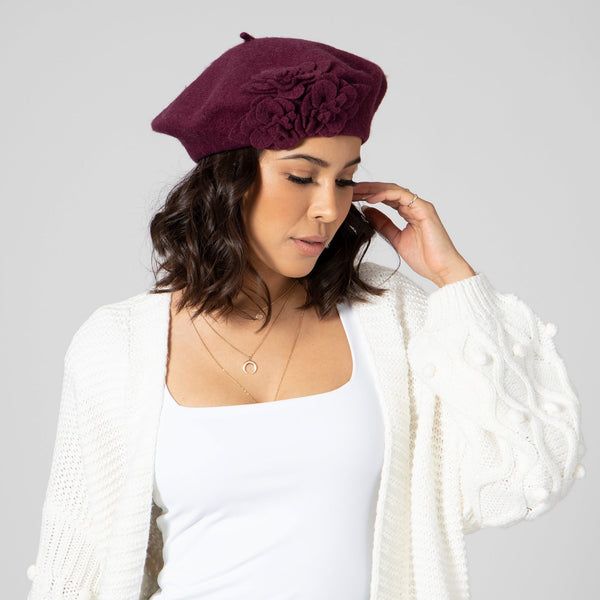 San Diego Hat Company Womens Wool Beret With Flowers-One Size Berry