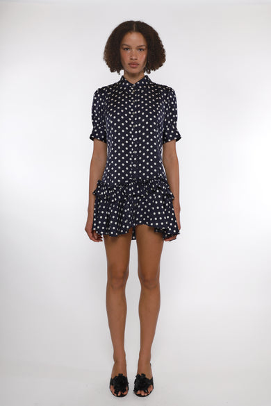 Sandy Liang SNOOD DRESS IN NAVY POLKA DOT