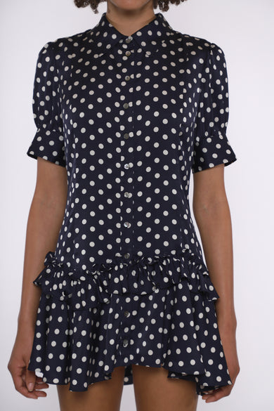 Sandy Liang SNOOD DRESS IN NAVY POLKA DOT