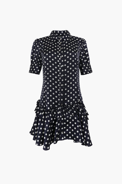 sandy liang SNOOD DRESS IN NAVY POLKA DOT