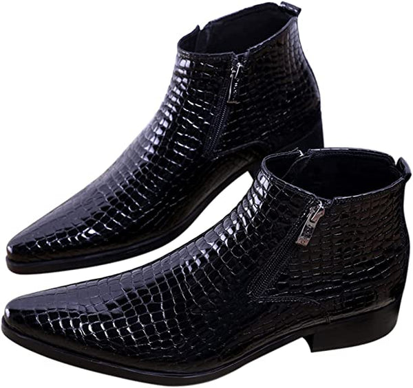 Santimon Men's Ankle Boots Alligator Patent Leather Zipper Pointed Toe