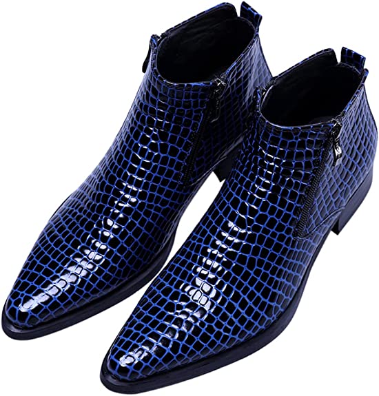 Santimon Men's Ankle Boots Alligator Patent Leather Zipper Pointed Toe