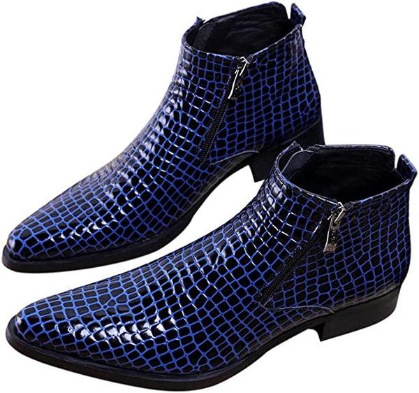 Santimon Men's Ankle Boots Alligator Patent Leather Zipper Pointed Toe
