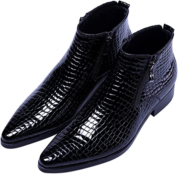 santimon Men's Ankle Boots Alligator Patent Leather Zipper Pointed Toe