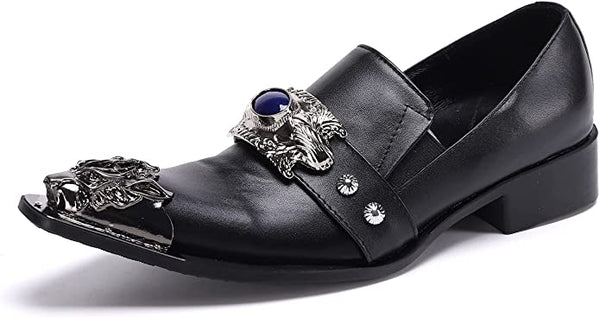 Santimon Men's Beaded Western Loafers Dragon Metal Tip