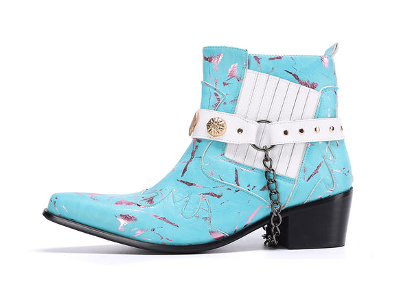 Santimon Men's Buckle Belt Chain Leather Western Boots