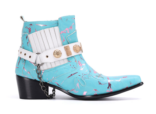 Santimon Men's Buckle Belt Chain Leather Western Boots