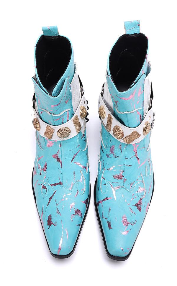 Santimon Men's Buckle Belt Chain Leather Western Boots