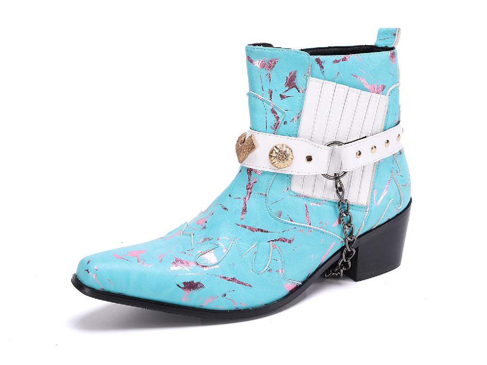 santimon Men's Buckle Belt Chain Leather Western Boots