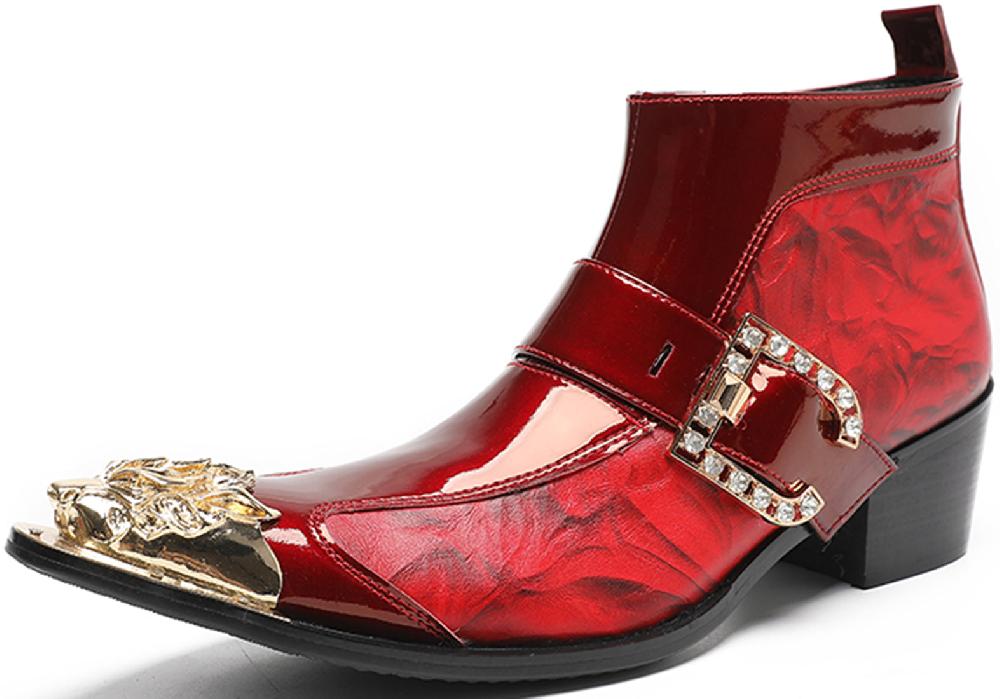 santimon Men's Buckle Metal Tip Patent Leather Western Boots