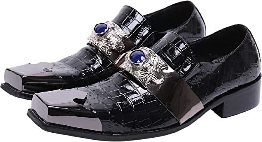 santimon Men's Crocodile Western Loafers Metal-Strapped
