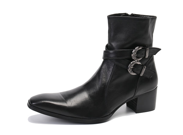 Santimon Men's Double Buckle Western Boots Plain Toe Zipper