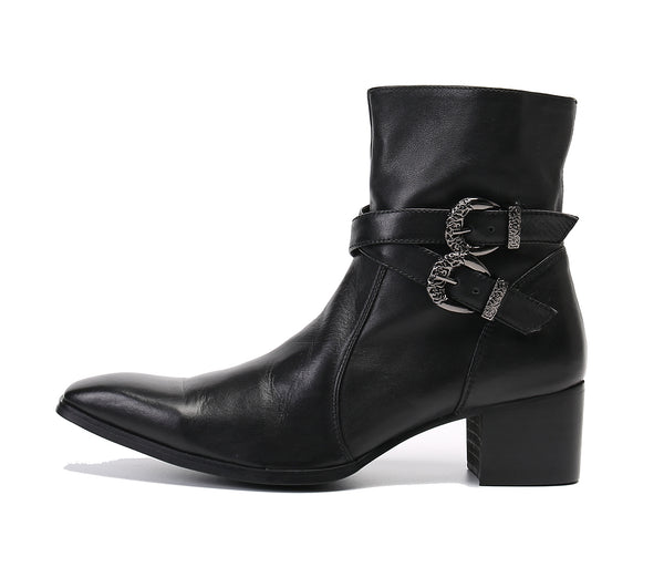 Santimon Men's Double Buckle Western Boots Plain Toe Zipper