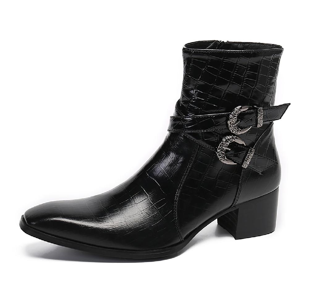 santimon Men's Double Buckle Western Boots Plain Toe Zipper