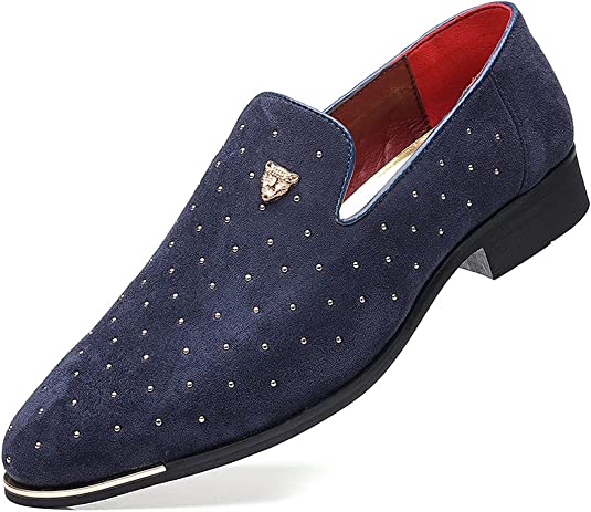 Santimon Men's Glitter Rivet Smoking Loafers Blue Black