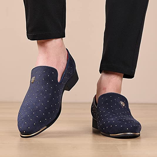 Santimon Men's Glitter Rivet Smoking Loafers Blue Black