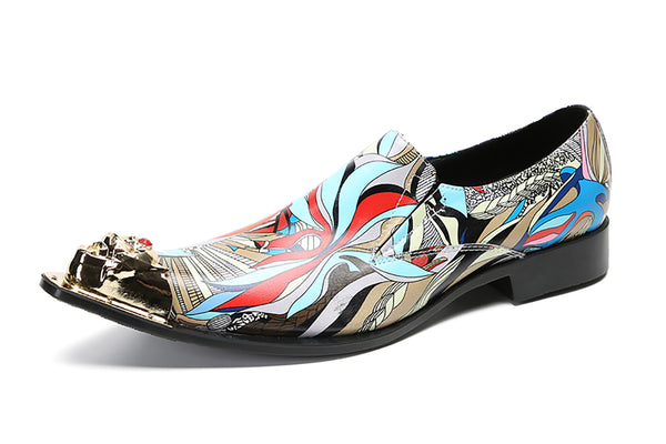 Santimon Men's Graffiti Metal-Tip Toe Western Penny Loafers