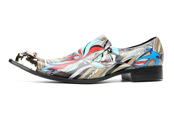Santimon Men's Graffiti Metal-Tip Toe Western Penny Loafers