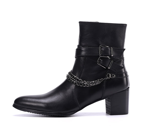 Santimon Men's Leather Double Buckle Mid-Calf Western Boots