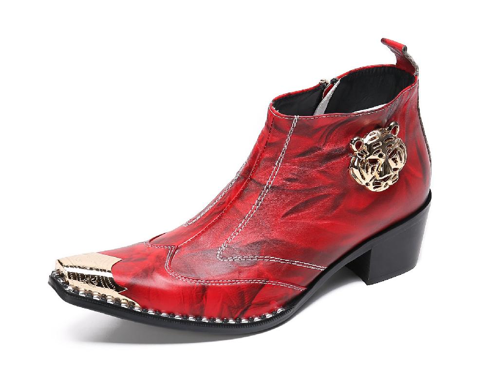 santimon Men's Leather Squae Metal Tip Western Boots