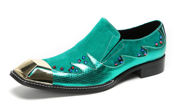 Santimon Men's Metal-Square Toe Beaded Suede Western Loafers