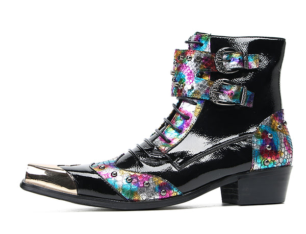Santimon Men's Metal Square-Toe Buckle Colorful Western Boots
