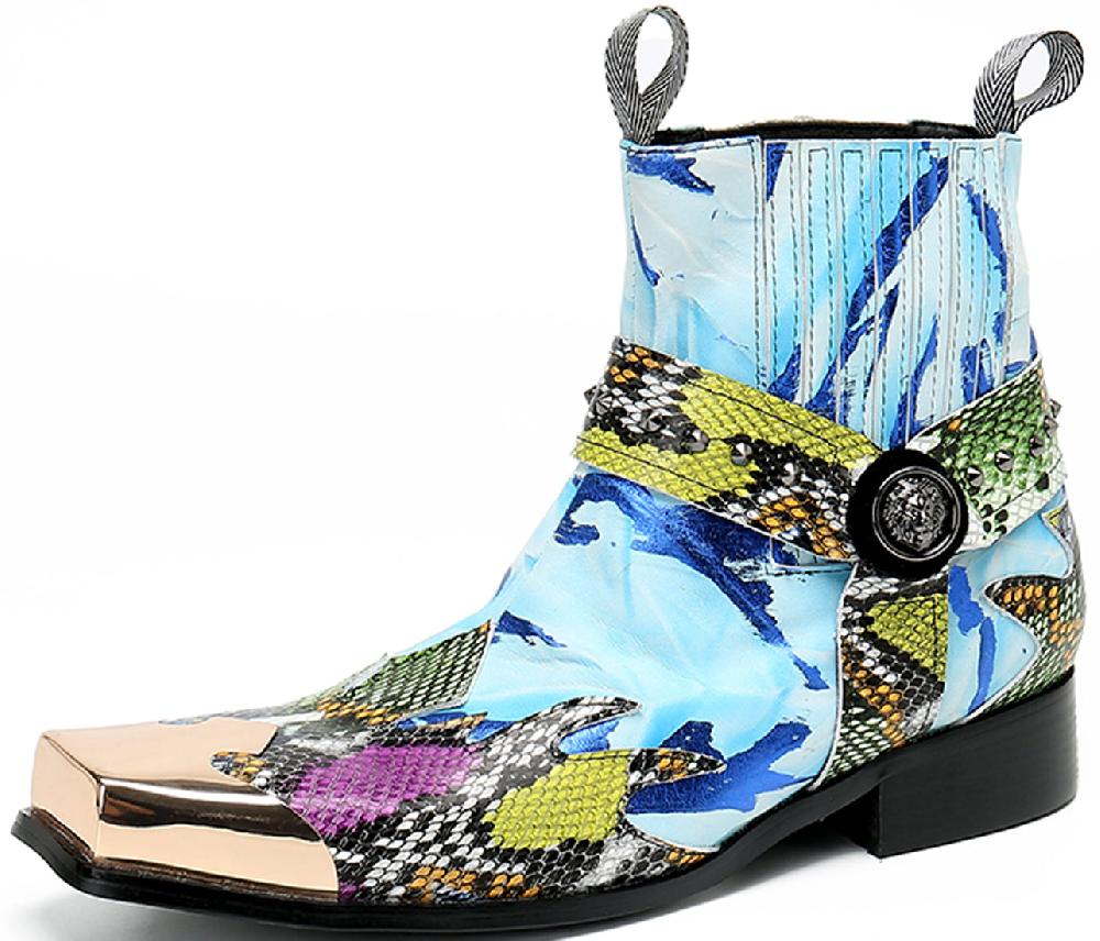 santimon Men's Metal Square Toe Buckle Western Boots