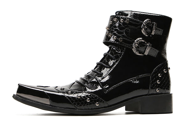 Santimon Men's Metal Square-Toe Buckle Western Western Boots