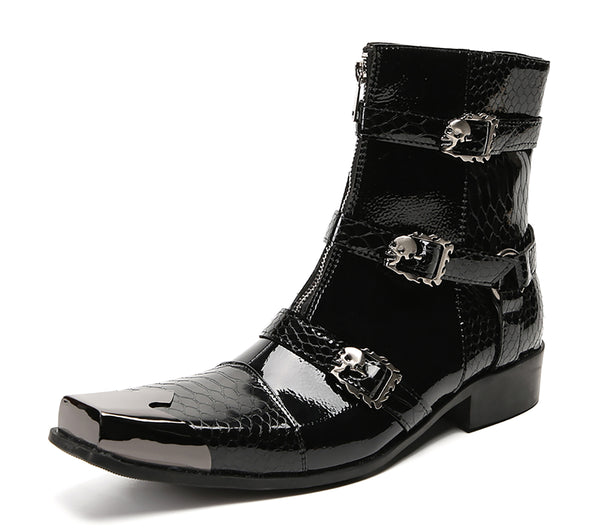 Santimon Men's Metal Square-Toe Buckle Zipper Western Boots