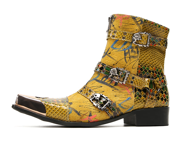 Santimon Men's Metal Square-Toe Buckle Zipper Western Boots