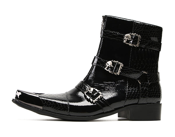 Santimon Men's Metal Square-Toe Buckle Zipper Western Boots