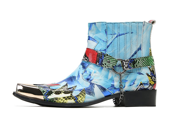Santimon Men's Metal-Square Toe Chain Western Boots