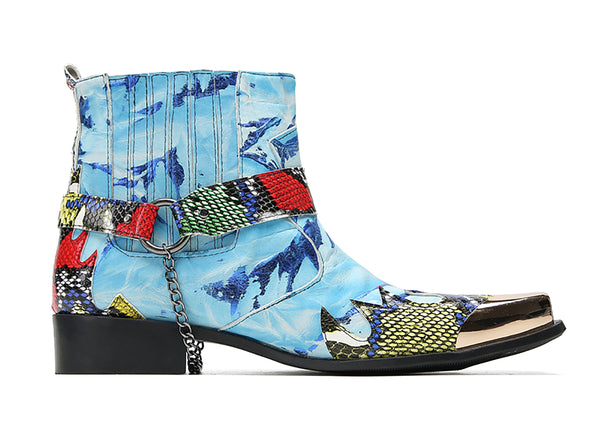 Santimon Men's Metal-Square Toe Chain Western Boots