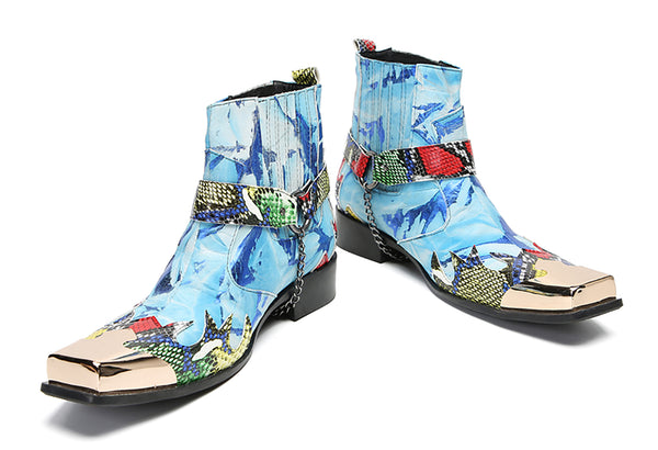 Santimon Men's Metal-Square Toe Chain Western Boots