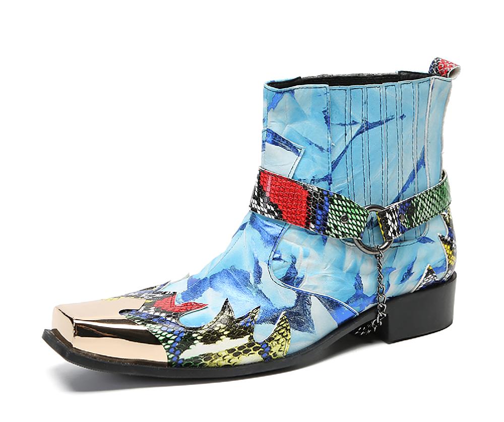 santimon Men's Metal-Square Toe Chain Western Boots