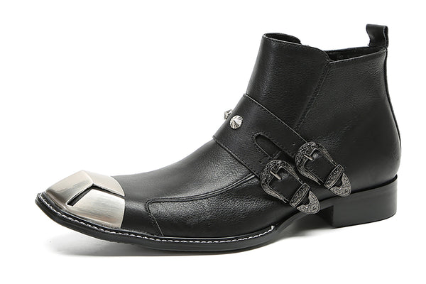Santimon Men's Metal Square Toe Double Buckles Western Boots