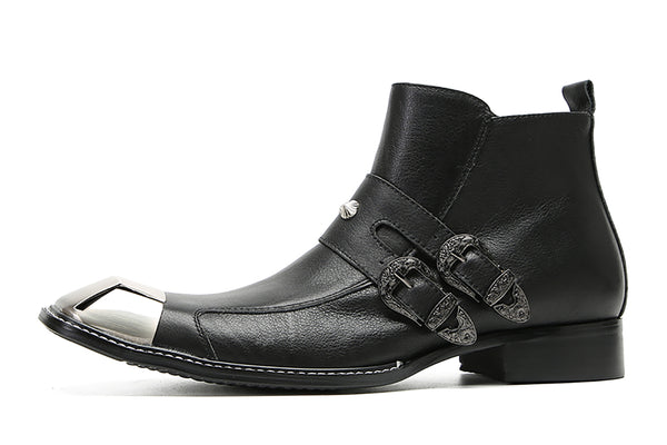 Santimon Men's Metal Square Toe Double Buckles Western Boots
