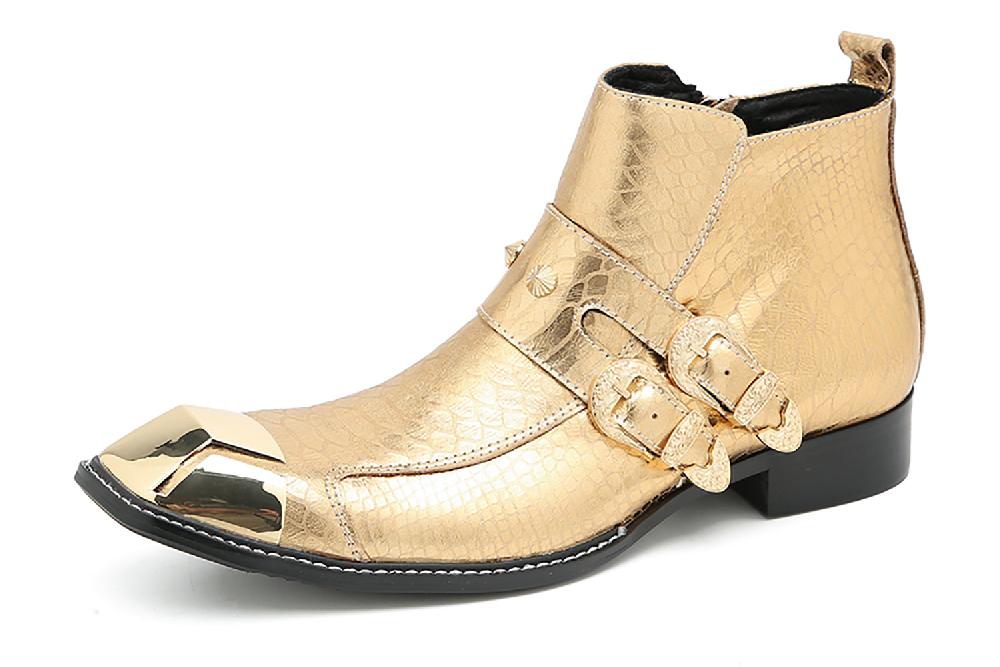 santimon Men's Metal Square Toe Double Buckles Western Boots