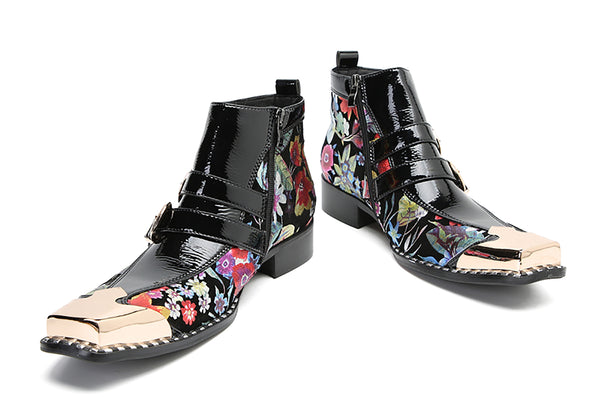 Santimon Men's Metal-Square Toe Double Buttons Western Boots