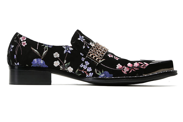 Santimon Men's Metal-Square Toe Flowers Western Penny Loafers